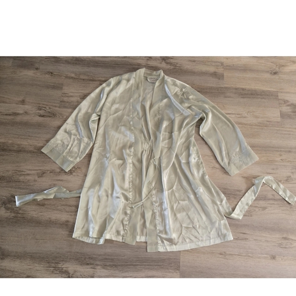 Morgan Taylor Intimates Satin Robe Womens L Lace Belted Green